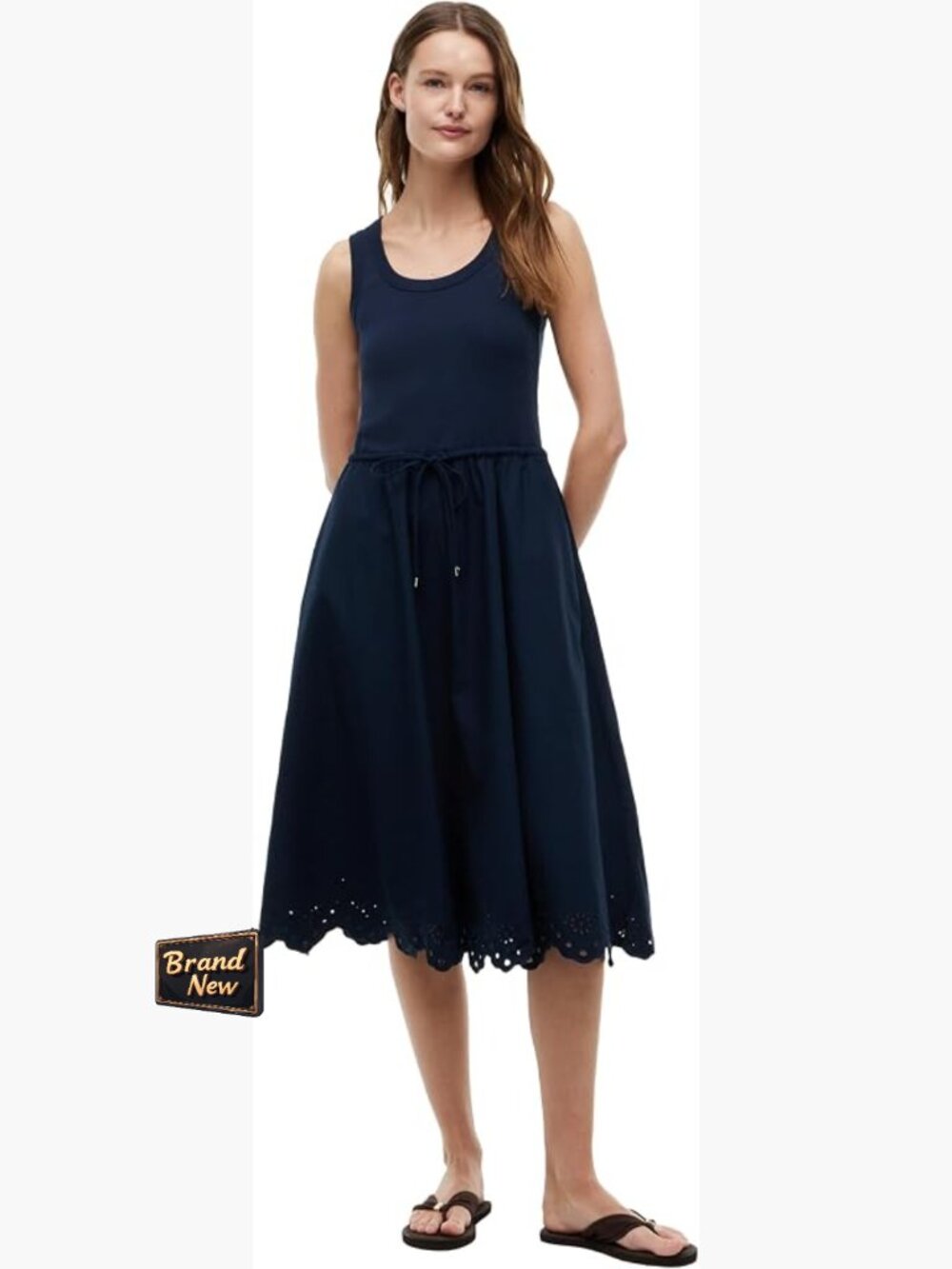 Sleeveless Cotton Eyelet Tank Dress with Waist Tie, Below Knee Casual